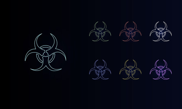 A set of neon biohazard symbols. Set of different color symbols, faint neon glow. Vector illustration on black background