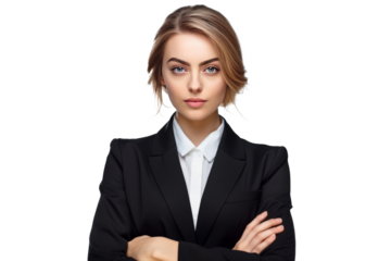 cute business woman in black suit and cross arms on transparent background