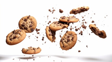 Broken chocolate chip cookies in flight, isolated on a white background with a clipping path.
