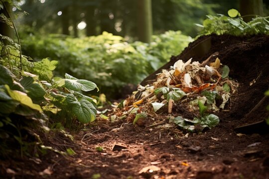 Compost pit in the garden with organic waste