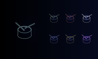 A set of neon drum symbols. Set of different color symbols, faint neon glow. Vector illustration on black background