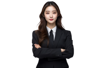 cute asian business woman in black suit and cross arms on transparent background