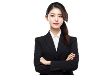 cute asian business woman in black suit and cross arms on transparent background