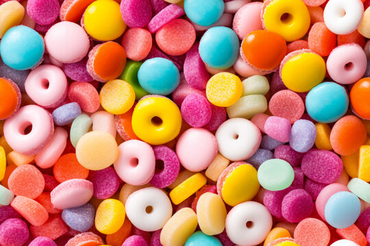 Various colorful candies or sweets pile, closeup detail. Seamless tileable background pattern. Generative AI