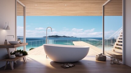 The interior design of minimal wooden bathroom in white and light brown tone color with the ocean view. Generative AI image AIG30. - Powered by Adobe