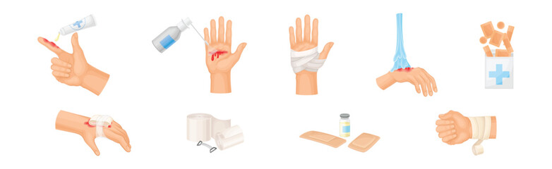 Hands with Injured Skin and Wound First Aid Vector Set