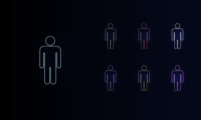 A set of neon man symbols. Set of different color symbols, faint neon glow. Vector illustration on black background