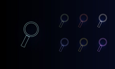 A set of neon magnifier symbols. Set of different color symbols, faint neon glow. Vector illustration on black background