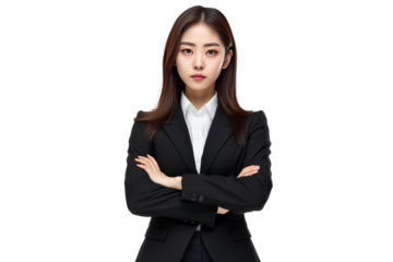 cute asian business woman in black suit and cross arms on transparent background