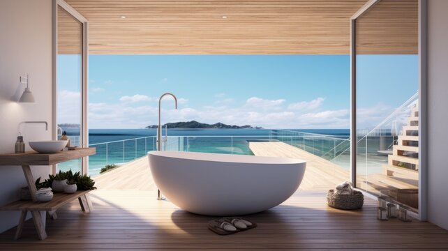 The interior design of minimal wooden bathroom in white and light brown tone color with the ocean view. Generative AI image AIG30.