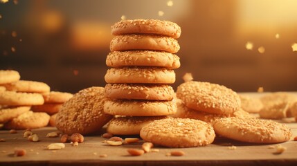 Close-up of a domestic stack of sweet cookies with a sesame, peanut, and sunflower background on a wooden table. - Powered by Adobe