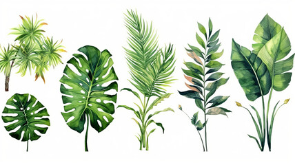 set of Exotic plants, palm leaves, monstera, watercolor vector illustration