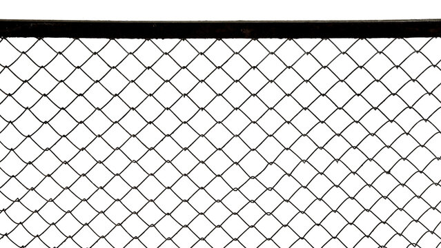The texture of the metal mesh. Torn, destroyed, broken metal mesh on a white background