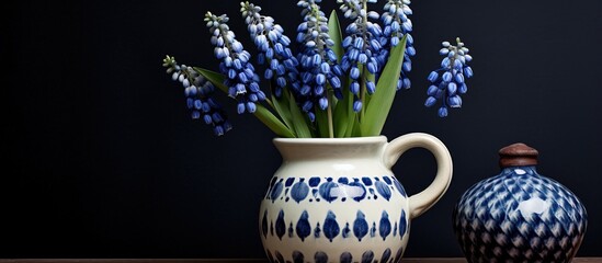 A picture of a spring pot with grape hyacinths known as perlehyacinther in Danish