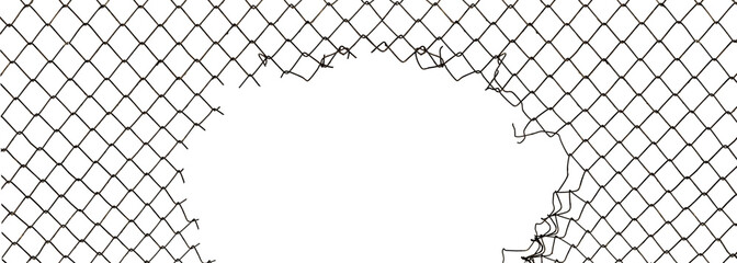 The texture of the metal mesh. Torn, destroyed, broken metal mesh on a white background