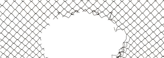 The texture of the metal mesh. Torn, destroyed, broken metal mesh on a white background