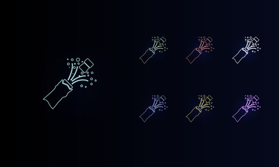 A set of neon champagne opening symbols. Set of different color symbols, faint neon glow. Vector illustration on black background