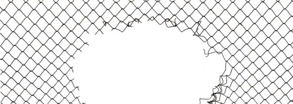 The texture of the metal mesh. Torn, destroyed, broken metal mesh on a white background