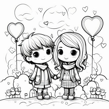 Happy kids on valentine's day coloring page