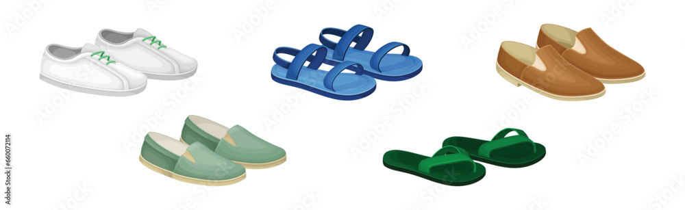 Sticker Different Man Shoes and Fashionable Footwear Vector Set