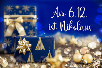 Text Nikolaus 6.12., Means Happy Nikolaus, Golden And Blue Christmas Decoration