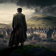 character the end of the 19th century in the foreground is a man in traditional Scottish clothing against the backdrop of a Scottish town cinematic dynamic 