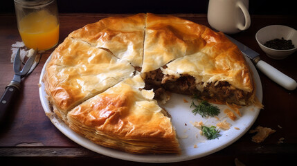 Burek, minced beef-filled pastry phyllo dough. Traditional food ina Balkans.