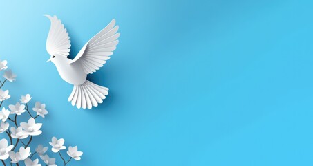 White paper origami bird on blue background, banner 