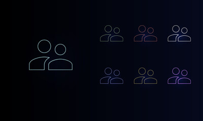 A set of neon group symbols. Set of different color symbols, faint neon glow. Vector illustration on black background