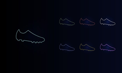 A set of neon football boot symbols. Set of different color symbols, faint neon glow. Vector illustration on black background