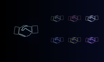 A set of neon handshake symbols. Set of different color symbols, faint neon glow. Vector illustration on black background