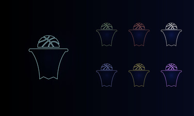 A set of neon basketball symbols. Set of different color symbols, faint neon glow. Vector illustration on black background