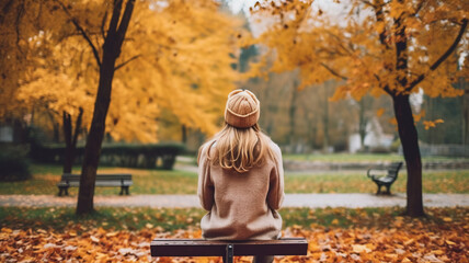 Back view of a young woman sitting on a bench in the park at autumn generative ai