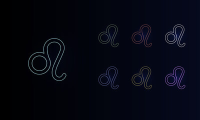 A set of neon zodiac leo symbols. Set of different color symbols, faint neon glow. Vector illustration on black background