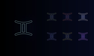 A set of neon zodiac gemini symbols. Set of different color symbols, faint neon glow. Vector illustration on black background