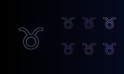 A set of neon zodiac taurus symbols. Set of different color symbols, faint neon glow. Vector illustration on black background