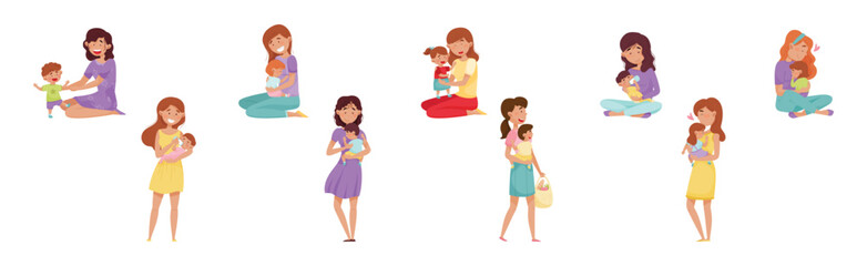 Young Woman Mom with Her Little Baby and Toddler Vector Set