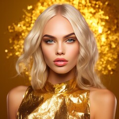 Studio Fashion Portrait 18 year super model woman with gold hair color.