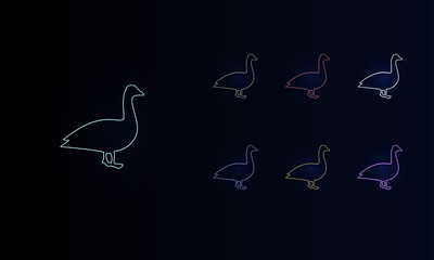 A set of neon goose symbols. Set of different color symbols, faint neon glow. Vector illustration on black background