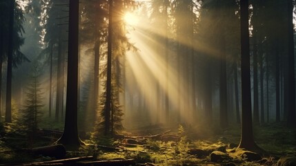 Natural Forest of Spruce Trees, Sunbeams through Fog create mystic Atmosphere - obrazy, fototapety, plakaty