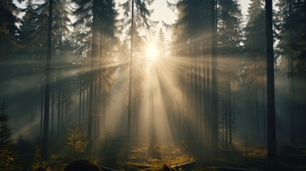 Fototapeta na wymiar Natural Forest of Spruce Trees, Sunbeams through Fog create mystic Atmosphere