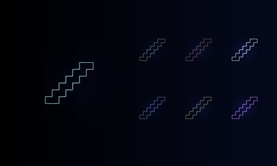 A set of neon stairs symbols. Set of different color symbols, faint neon glow. Vector illustration on black background