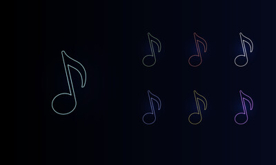 A set of neon musical note symbols. Set of different color symbols, faint neon glow. Vector illustration on black background