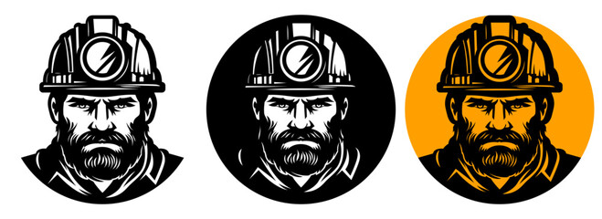 Rugged blue color worker in a hard hat and work attire logo symbol template vector illustration, Rugged engineer, worker wearing a headlight and hardhat in different colors stock vector image