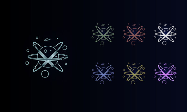 A set of neon cosmic symbols. Set of different color symbols, faint neon glow. Vector illustration on black background