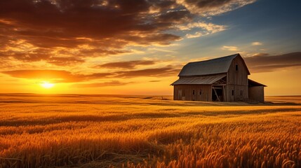 A rustic barn set amidst golden wheat fields, with the setting sun casting long shadows.