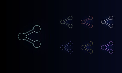 A set of neon share symbols. Set of different color symbols, faint neon glow. Vector illustration on black background