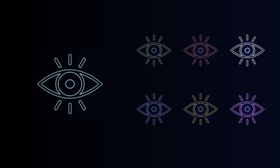 A set of neon vision symbols. Set of different color symbols, faint neon glow. Vector illustration on black background