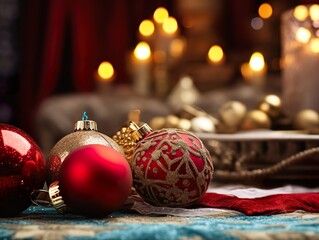 Prächtig verzierte Weihnachtskugeln auf einem gedekten Tisch, umgeben von weiterer Weihnachtsdekoration