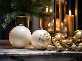 Edle Weihnachtskugeln mit hochwertiger Verzierung liegen auf einer Hartsteinplatte. Im Hintergrund ein weinachtlich geschmücktes Wohnzimmer - obrazy, fototapety, plakaty
